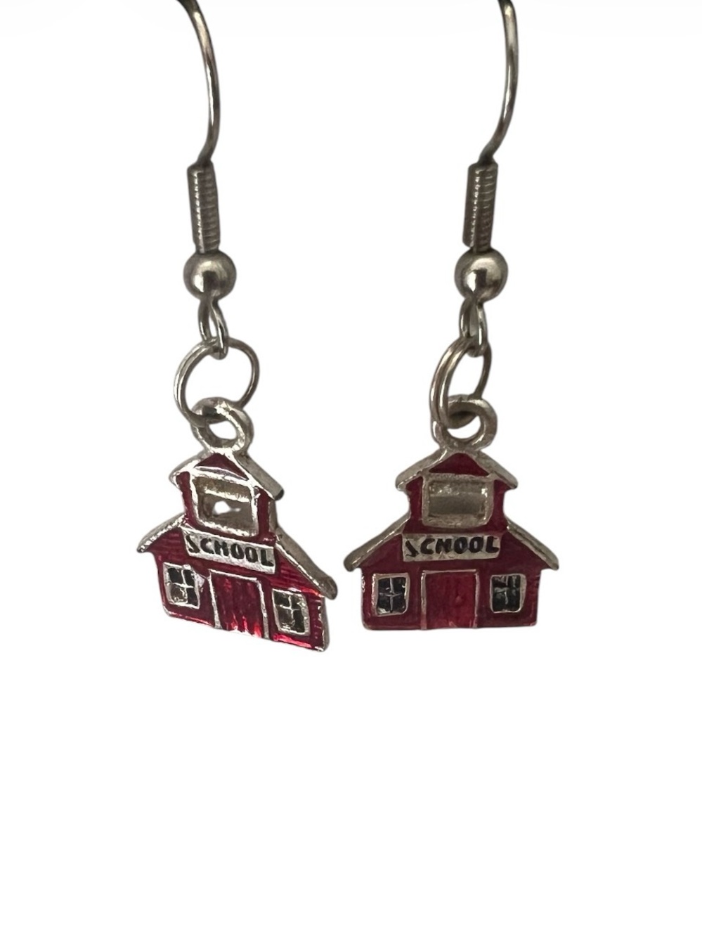 3/$20 Vintage 90s/Y2K Schoolhouse Charm Drop Earrings in Red and Silver - Picture 2 of 4